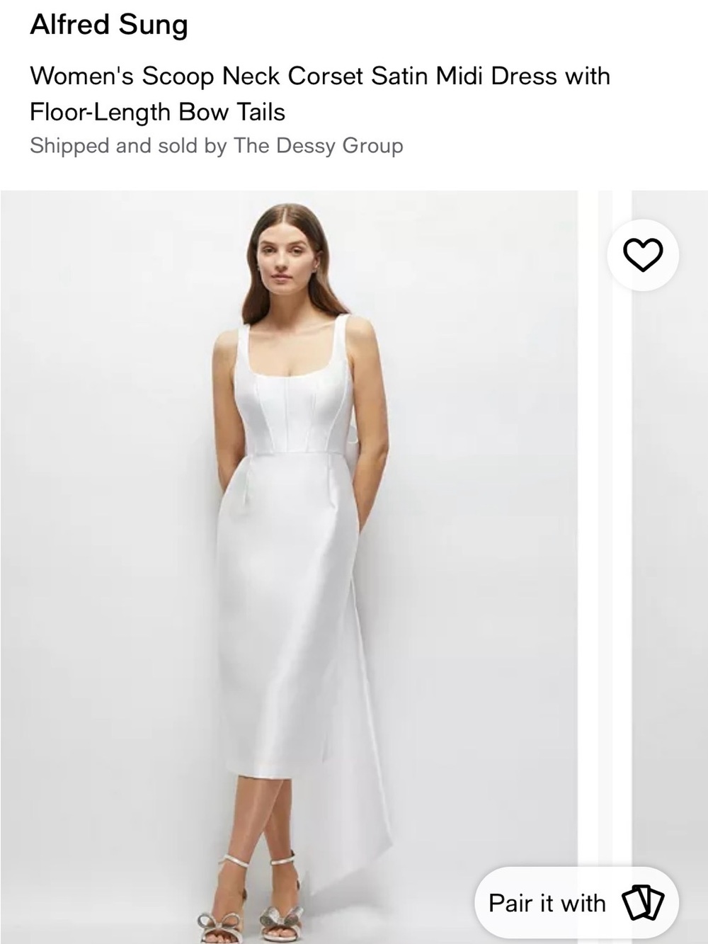 ALFRED SUNG White Satin Scoop-Neck Corset Midi Dress with Bow Tail